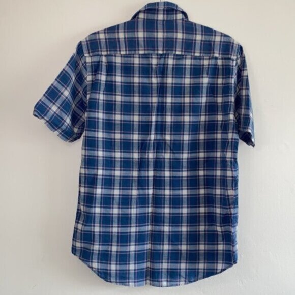 Faherty Button Up Shirt Top Small 100% Indigo Cotton Blue Pink White Plaid Prep - Picture 2 of 6